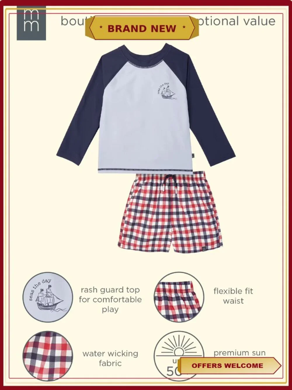 2-Piece Baby Boy Rash Guard & Swim Trunk Set with UPF 50+